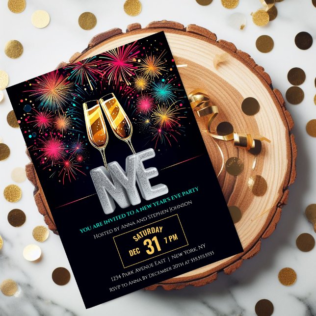 Nyårsafton Colorful Fireworks Champagne Inbjudningar (Invite your family and friends to celebrate NYE with this colorful fireworks and champagne invite.)