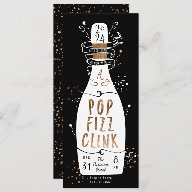 Nyårsafton Fest Guld Champagne Pop Fizz Clink Inbjudningar (Fram/baksida)
