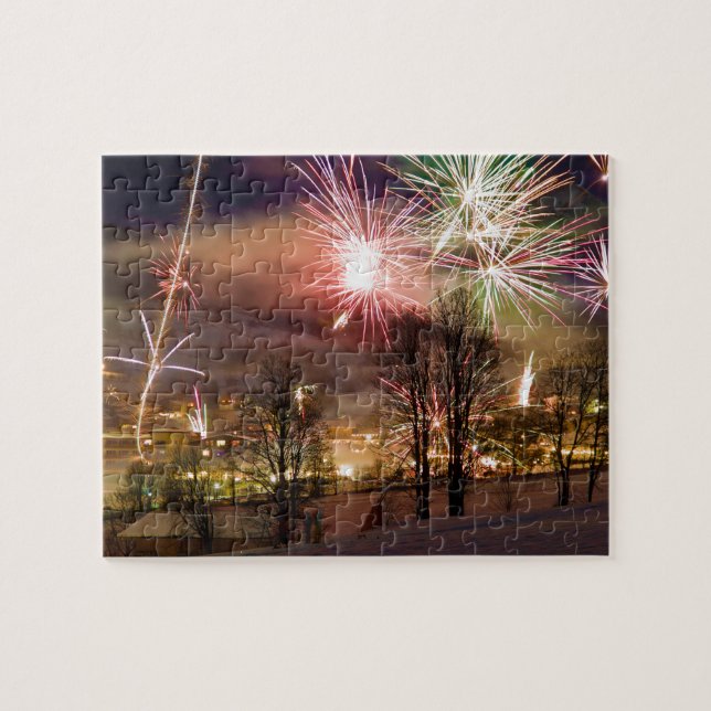 nyårsafton Fireworks i Niederau Tyrol Austria Pussel (Horisontell)