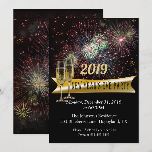 Nyårsafton Fyrverkeri Party Inbjudningar (Fram/baksida)