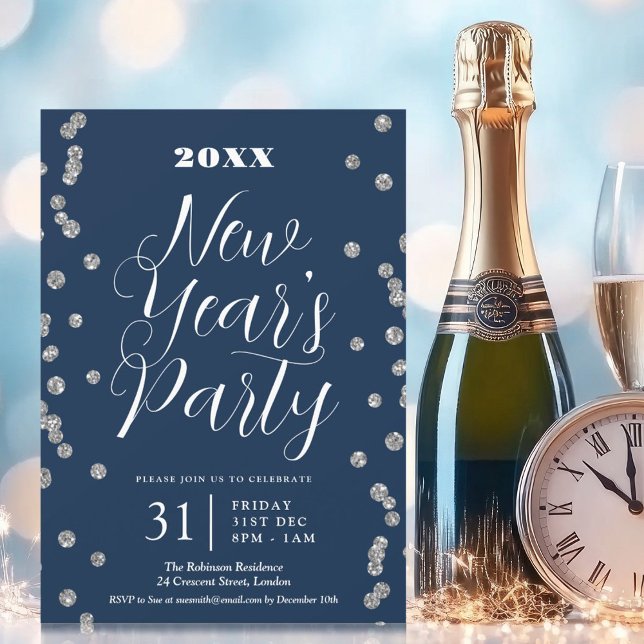 Nyårsafton Glitter Konfetti-flottan Inbjudningar (New Years Eve Silver Glitter Confetti Navy Invitation)