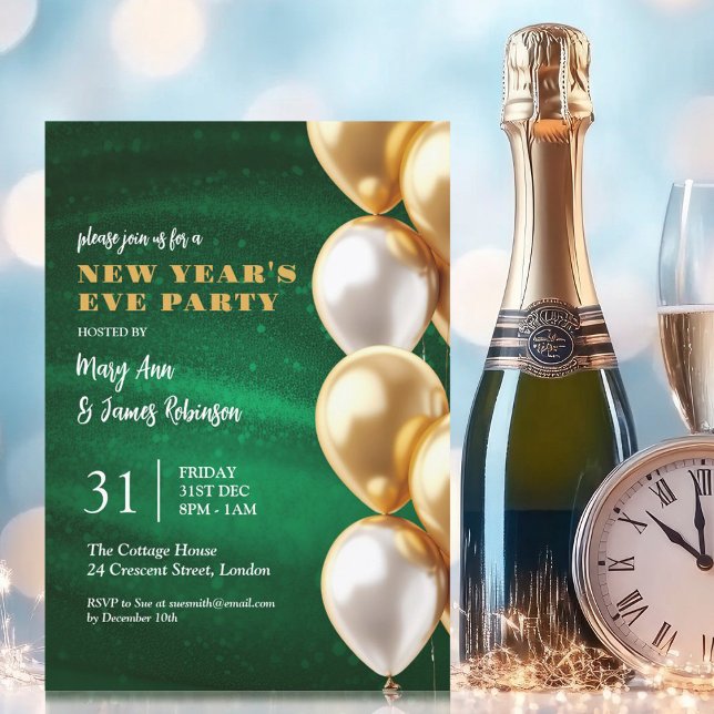Nyårsafton Grönt Guld Shimmer Sequin-bubblor Inbjudningar (New Years Eve Green Gold Shimmer Sequin Balloons Invitation)
