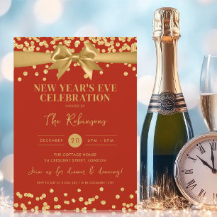 Nyårsafton Guld Glitter Konfetti och Bow Red Inbjudningar