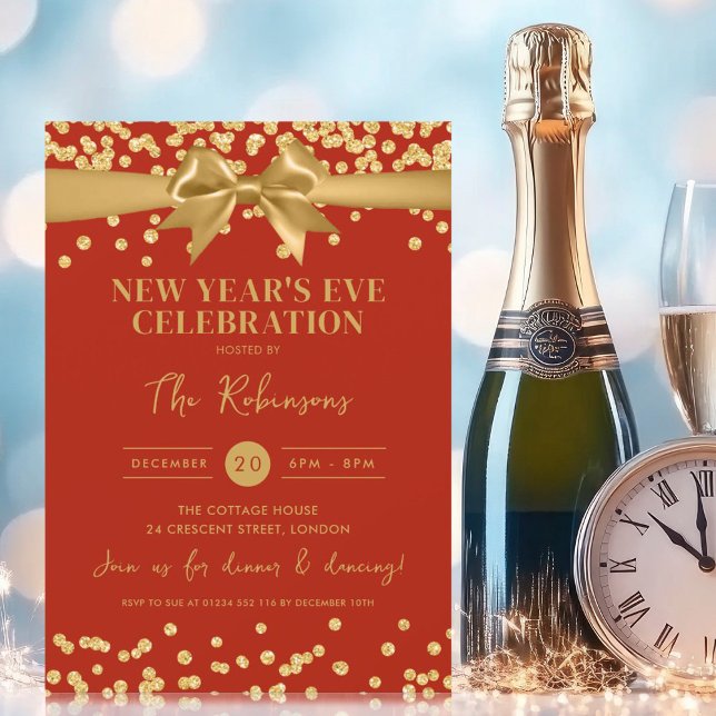 Nyårsafton Guld Glitter Konfetti och Bow Red Inbjudningar (New Years Eve Gold Glitter Confetti & Bow Red Invitation)