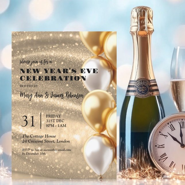 Nyårsafton Guld Shimmering Sequins Bubons Inbjudningar (New Years Eve Gold Shimmering Sequins Balloons Invitation)