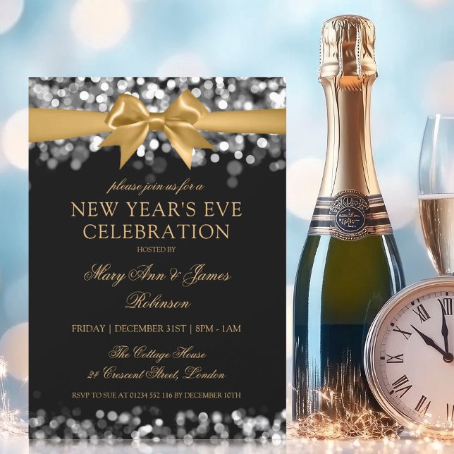 Nyårsafton Guld Silver Shimmer Ljus Bow Inbjudningar (New Years Eve Gold Silver Shimmer Lights Bow Invitation)