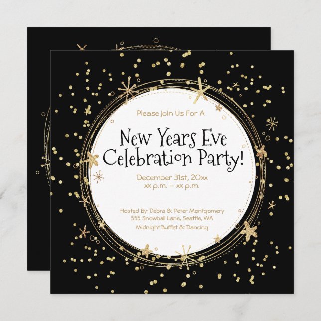 Nyårsafton, Guld, Svarta havet, Party Inbjudningar (Fram/baksida)