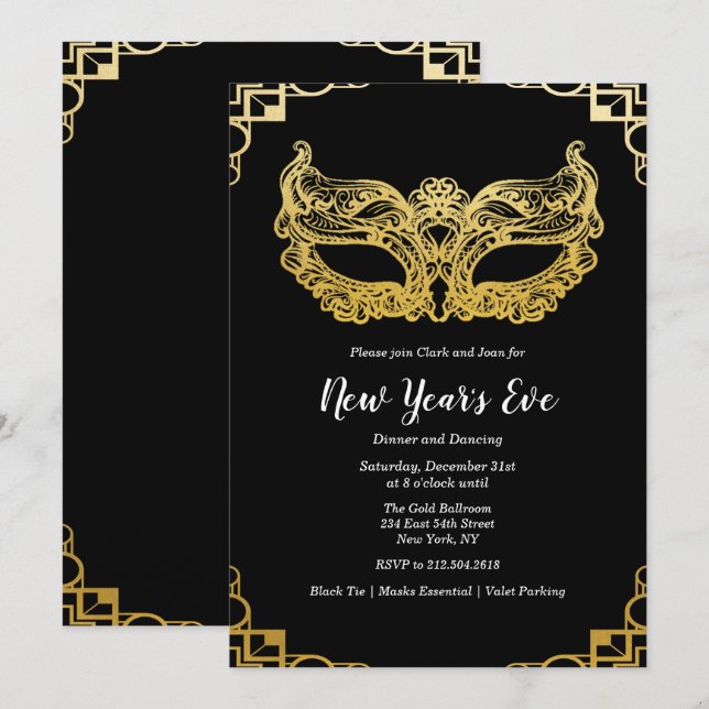 Nyårsafton Holiday Gold Mask Inbjudan (Fram/baksida)