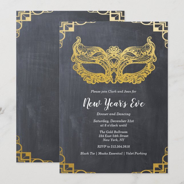 Nyårsafton Holiday Gold Mask Inbjudan (Fram/baksida)