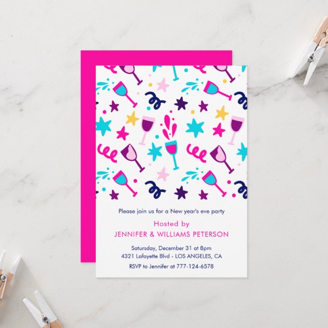 Nyårsafton inbjudan Cocktail Drinks Rosa (Fram/Back In Situ)
