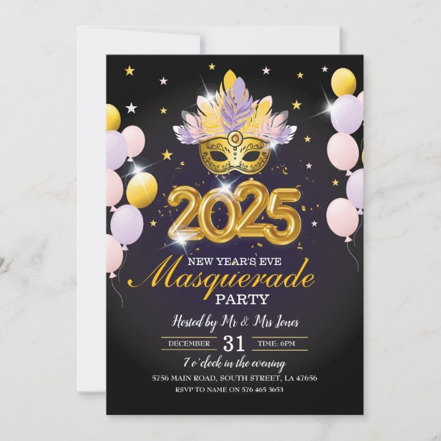 Nyårsafton Masquerad Party Black Guld Inbjudan (Framsida)