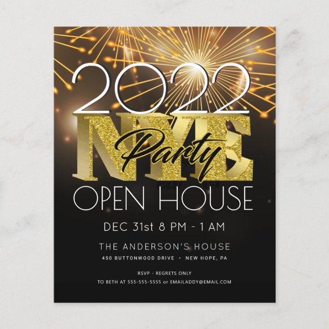 NYÅRSAFTON MODERN BOLD GULD-FIREWORKS IN I PARTY FLYGBLAD (Framsidan)