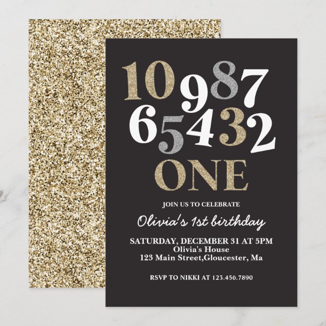 Nyårsafton Nedräkning Första Födelsedag Inbjudan (Fram/baksida)