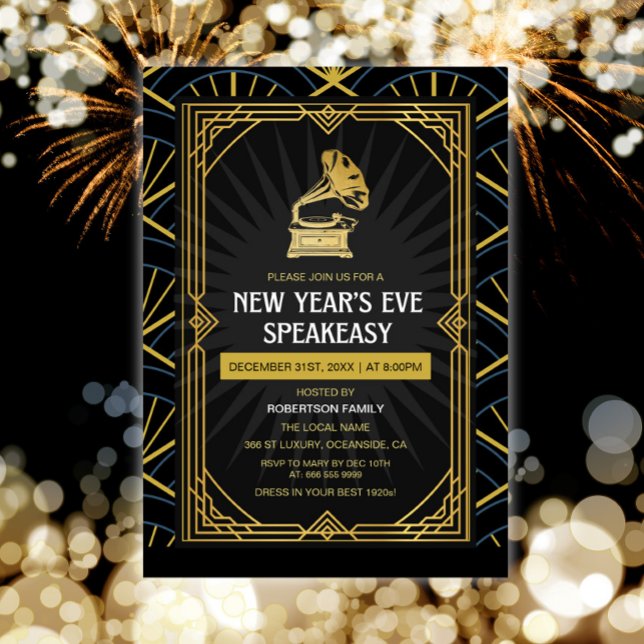 Nyårsafton Party 1920-talets Art Deco Inbjudningar (NYE party celebration art deco gramophone invitation)