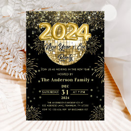 Nyårsafton Party 2024 Guld Glitter, Disco Boll Inbjudningar
