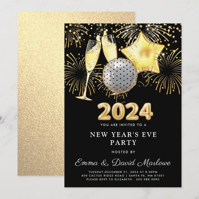 Nyårsafton Party 2024 Guld Glitter på svart Inbjudningar (Fram/baksida)