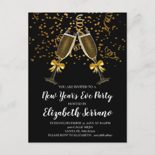 Nyårsafton Party Champagne Glass Guld Black Inbjudan Vykort