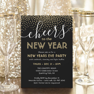 Nyårsafton Party Cheers Black och Guld Confetti Inbjudningar