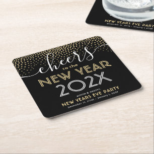 Nyårsafton Party Cheers Black och Guld Confetti Underlägg Papper Kvadrat