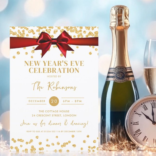 Nyårsafton Party Guld Glitter Konfetti Red Bow Inbjudningar (New Years Eve Party Gold Glitter Confetti Red Bow Invitation)