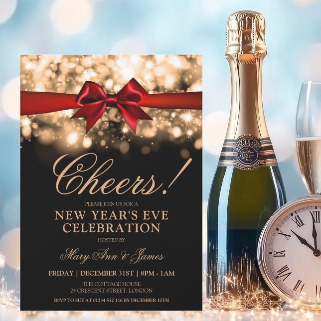Nyårsafton Party Guld Gnistra Ljus Red Bow Bow Inbjudningar (New Years Eve Party Gold Sparkle Lights Red Bow Invitation)