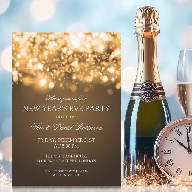 Nyårsafton Party mousserande Ljus Guld Inbjudningar (New Years Eve Party Sparkling Lights Gold Invitation)