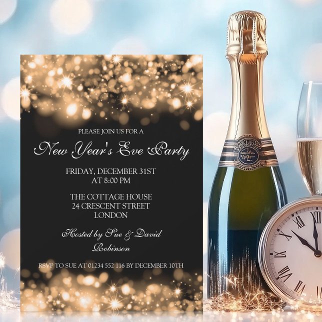 Nyårsafton Party mousserande Ljus Guld Inbjudningar (New Years Eve Party Sparkling Lights Gold Invitation)