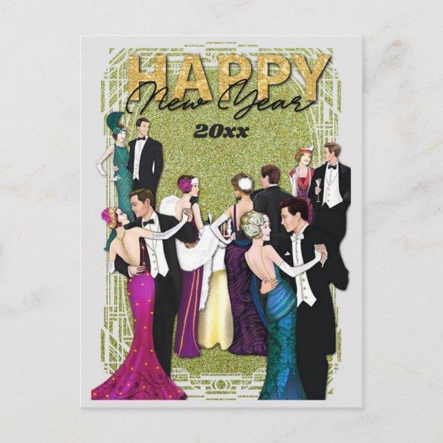 Nyårsafton Party Vintage Art Deco Inbjudan Vykort (Framsida)