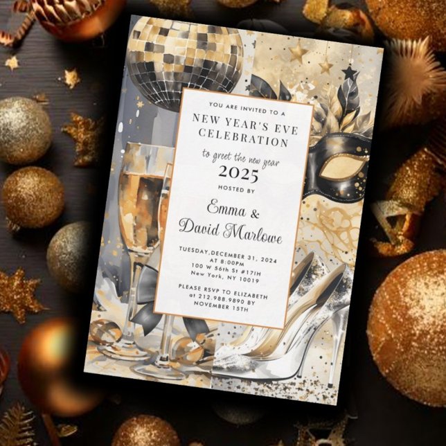 Nyårsafton Party Watercolor Guld Glitter Inbjudningar (Skapare uppladdad)