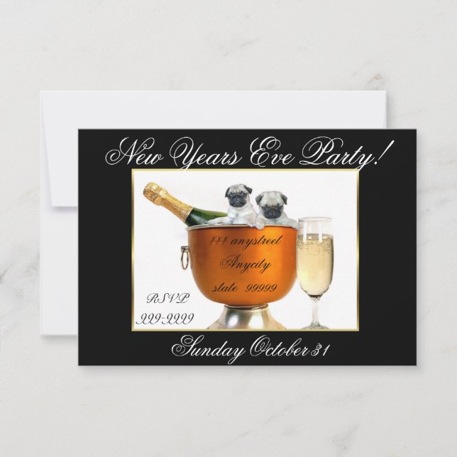 Nyårsafton pug-hund inbjudningar (Framsida)