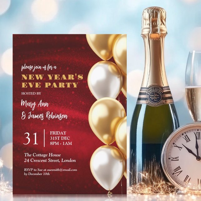 Nyårsafton Red Guld Shimmering Sequins Bubons Inbjudningar (New Years Eve Red Gold Shimmering Sequins Balloons Invitation)