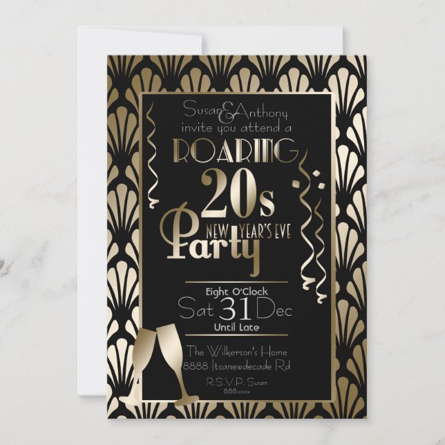 Nyårsafton Roaring 20s Art Deco Guld Inbjudningar (Framsida)