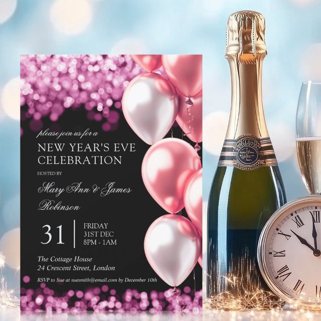Nyårsafton Rosa Guld Glittrande Ljus Ballonger Inbjudningar (New Years Eve Rose Gold Shimmer Lights Balloons Invitation)