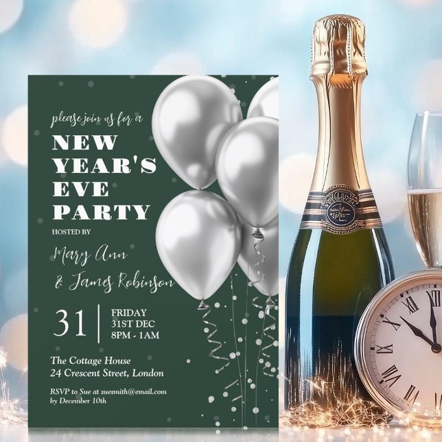 Nyårsafton Silver Confetti Balloons Emerald Inbjudningar (New Years Eve Silver Confetti Balloons Emerald Invitation)