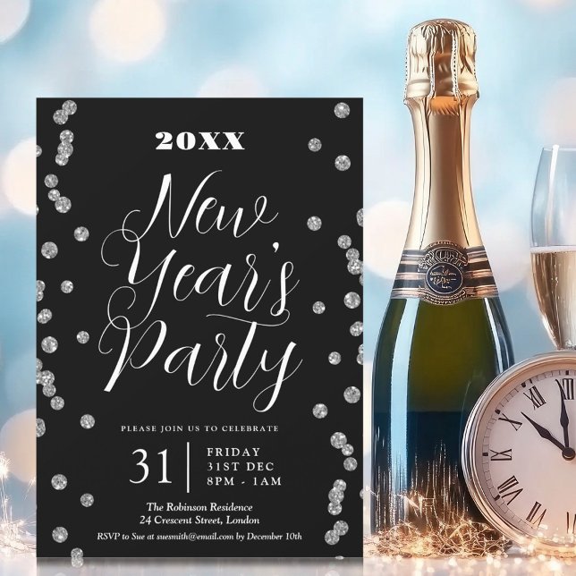 Nyårsafton Silver Glitter Konfetti Black Inbjudningar (New Years Eve Silver Glitter Confetti Black Invitation)