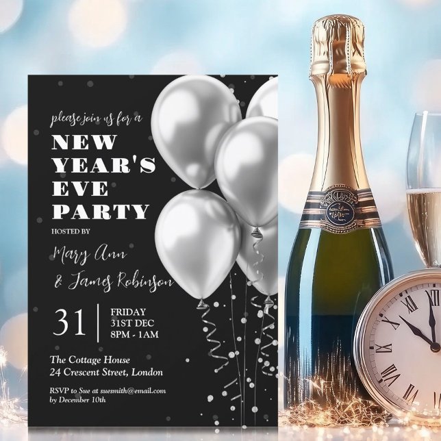 Nyårsafton Silver Konfetti-bubblor, svart Inbjudningar (New Years Eve Silver Confetti Balloons Black Invitation)
