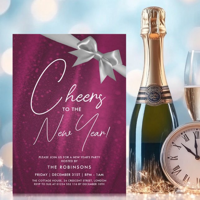 Nyårsafton Silver Rosa Glitter Glänsande Båg Inbjudningar (New Years Eve Silver Pink Sparkle Sequin Bow Invitation)