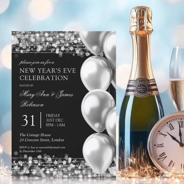 Nyårsafton Silver Shimmering Ljus Bubons Inbjudningar (New Years Eve Silver Shimmering Lights Balloons Invitation)