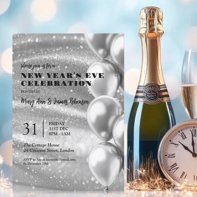 Nyårsafton Silver Shimmering Sequins Bubons Inbjudningar (New Years Eve Silver Shimmering Sequins Balloons Invitation)