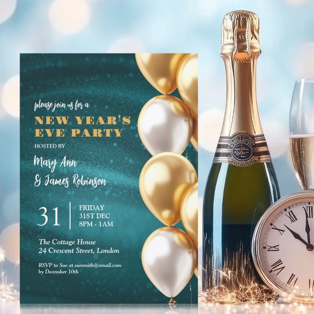 Nyårsafton Teal Guld Shimmer Sequin-ballonger Inbjudningar (New Years Eve Teal Gold Shimmer Sequin Balloons Invitation)