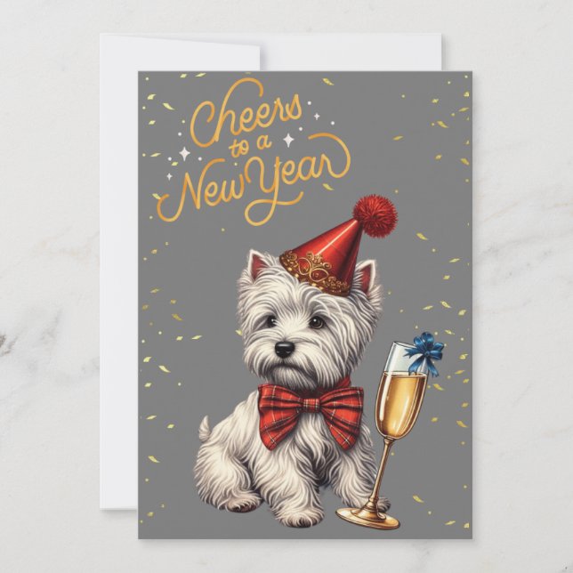 Nyårsafton Westie med champagnekort Julkort (Framsida)