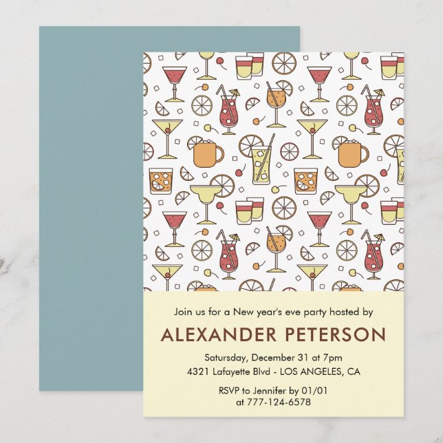 Nyårsaftonens inbjudan Cocktail Mönster (Fram/baksida)