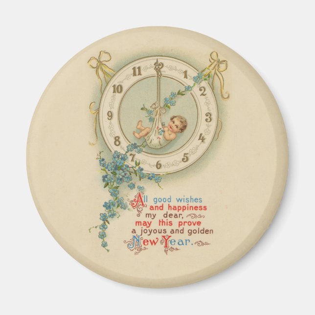 Nyårsbarn Vintageklocka Magnet (Framsidan)