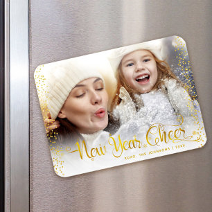 "nyårschyrer" Guld Snöflingor typografifoto Magnet