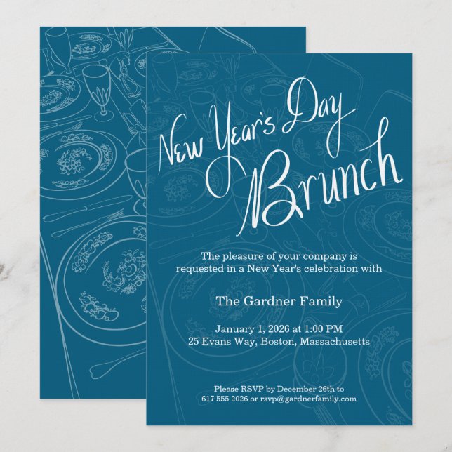 Nyårsdagsbrunch Bordsscen Invitation Inbjudningar (Fram/baksida)