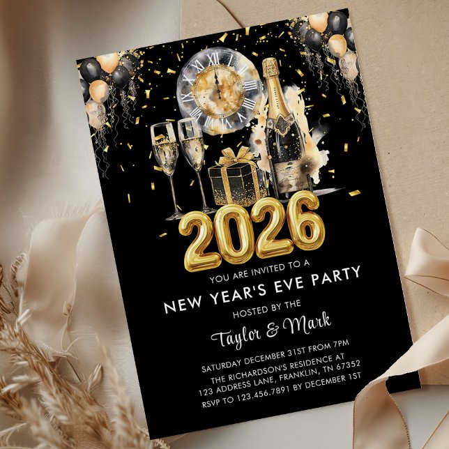 Nyårsfest Balck Guld Glitter Champagne Inbjudningar (Skapare uppladdad)