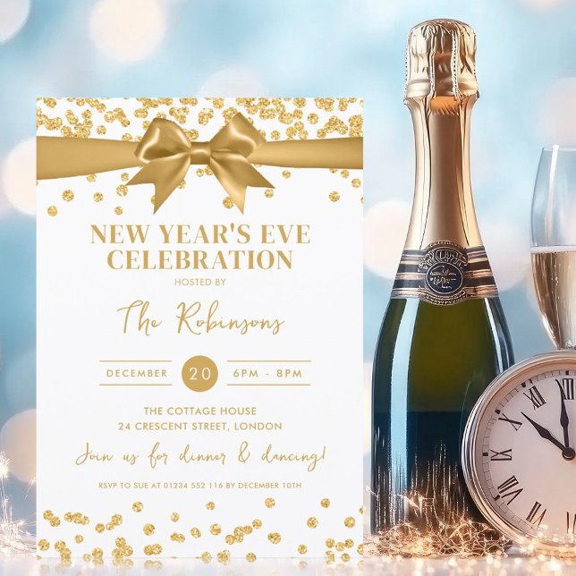 Nyårsfest Guld Glitter Konfetti & Båge Inbjudningar (New Years Eve Party Gold Glitter Confetti & Bow Invitation)