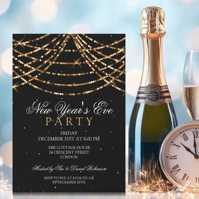 Nyårsfest Lysande Strängljus Guld Inbjudningar (New Years Eve Party Festive String Lights Gold Invitation)