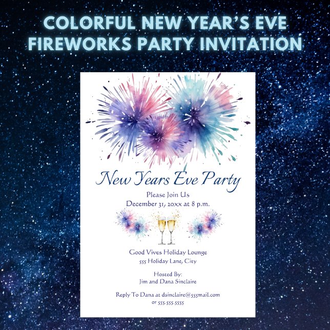 Nyårsfest med fyrverkeri inbjudningar (Colorful New Year’s Eve Fireworks Party Invitation – Easy to Personalize)