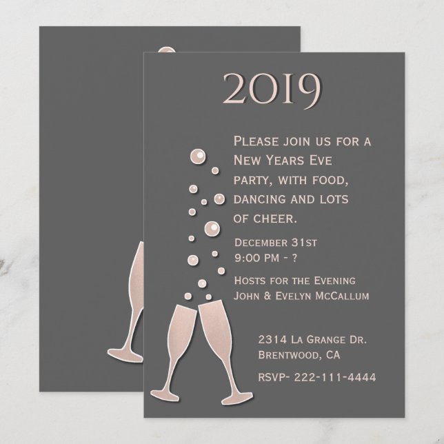 Nyårsfestinbjudan med champagnebubblor inbjudningar (Fram/baksida)